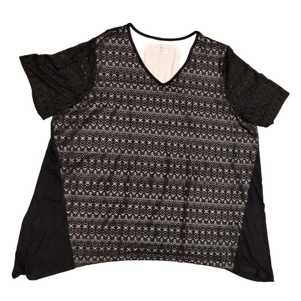 Catherines Black Mesh Lace Short Sleeve Tunic Top Sz 3X Stretch V Neck